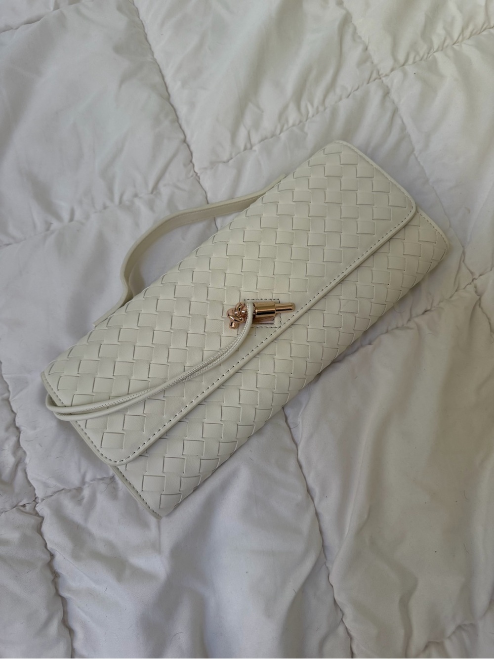 White Woven Clutch Bag with Gold Accent